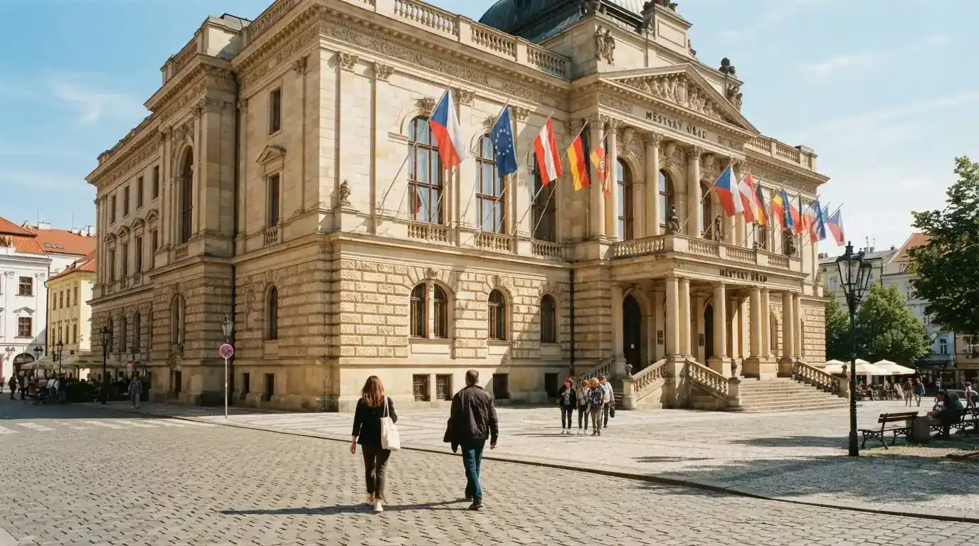 Historická úřední budova s vlajkami na slunečném náměstí — 30, 50, 100, 150 free spinů bez vkladu