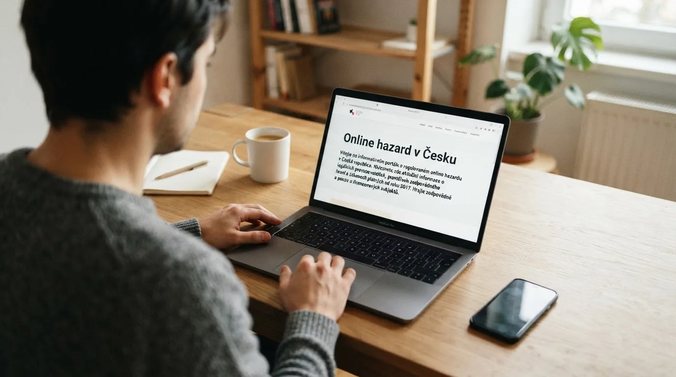 Člověk u notebooku čte informační stránku o online hazardu v Česku — 30, 50, 100, 150 free spinů bez vkladu