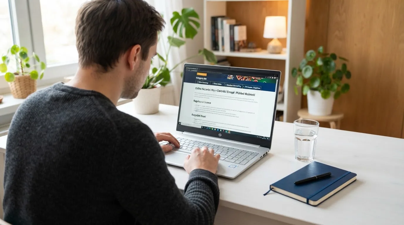 Člověk u notebooku čte informační stránku o online hazardu v Česku — 50, 100, 150, 200 free spins za první vklad