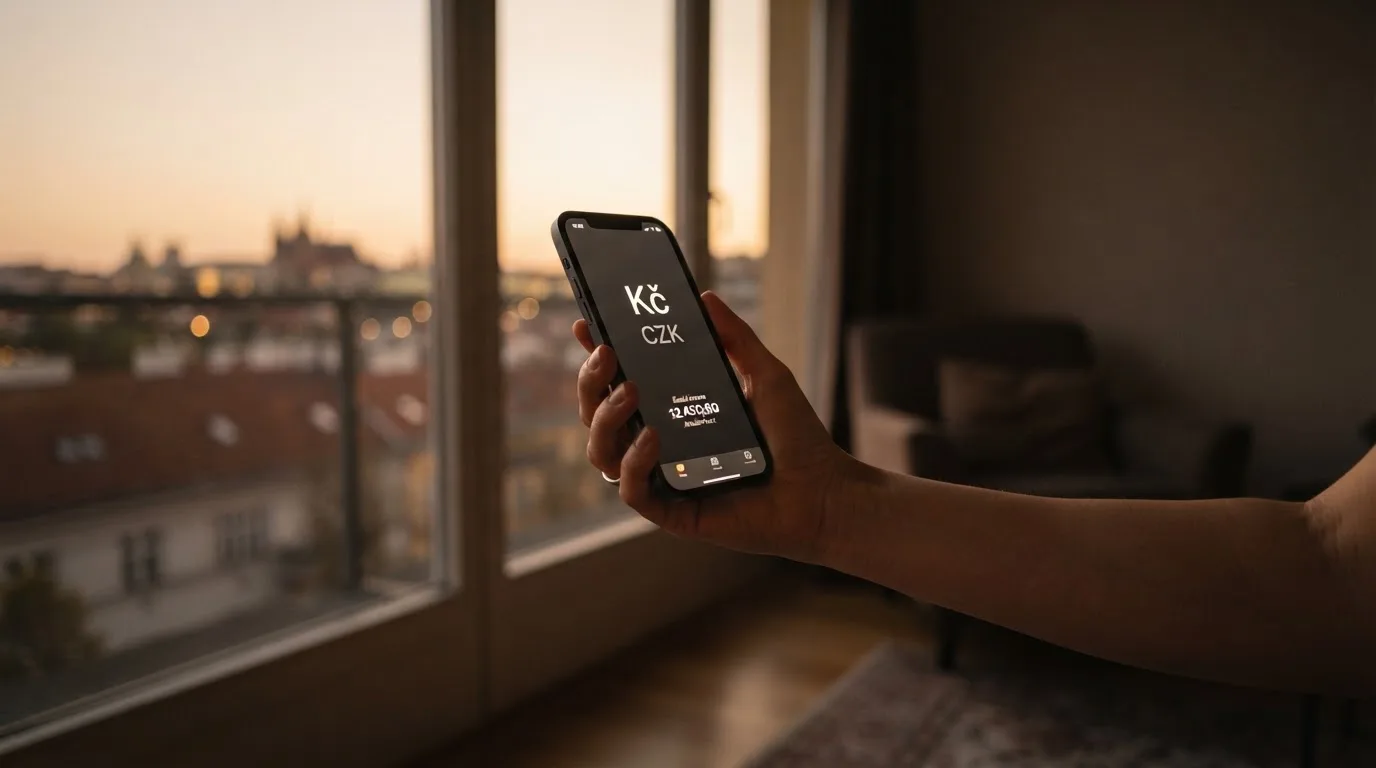 Ruka drží chytrý telefon u okna, klidné večerní světlo — bezpečné zahraniční casino pro české hráče
