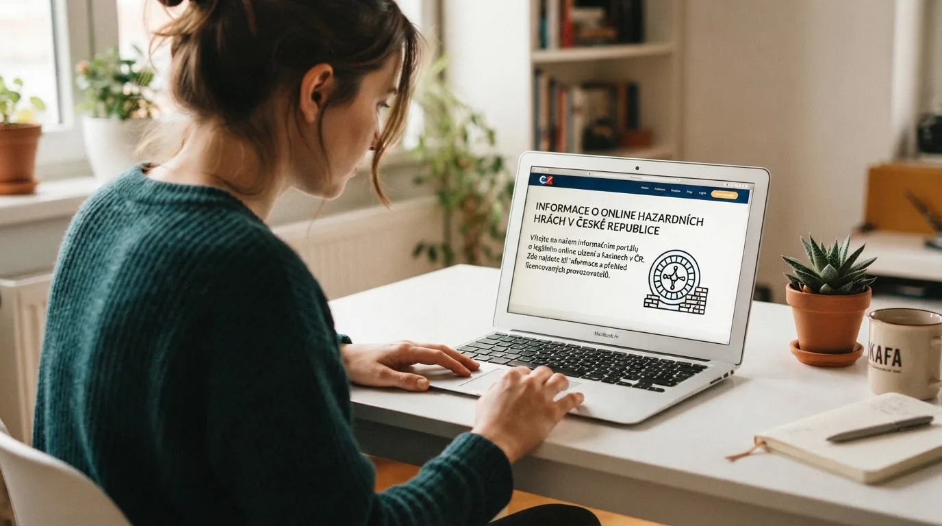 Člověk u notebooku čte informační stránku o online hazardu v Česku — casina bez nutnosti vkladu s bonusem