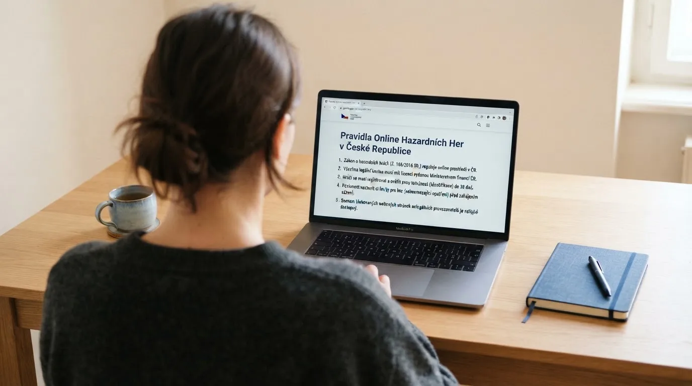 Člověk u notebooku čte informační stránku o online hazardu v Česku — casina online bez ověření totožnosti
