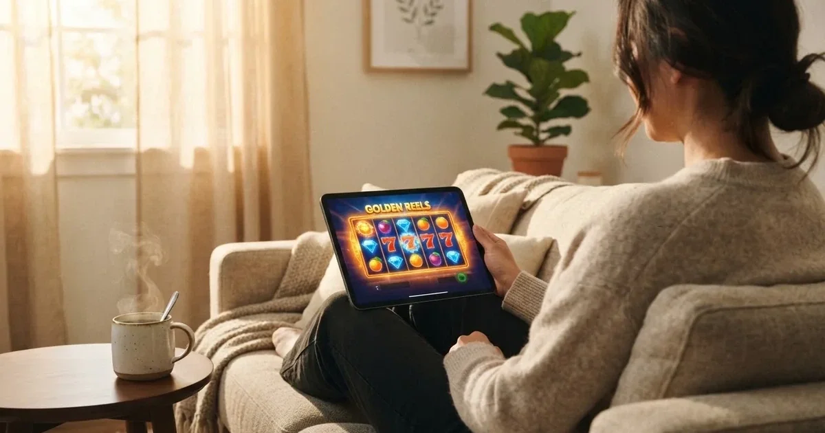 Hráč na gauči s tabletem, šálek kávy na stolku, teplé světlo — casina promo kód bez vkladu