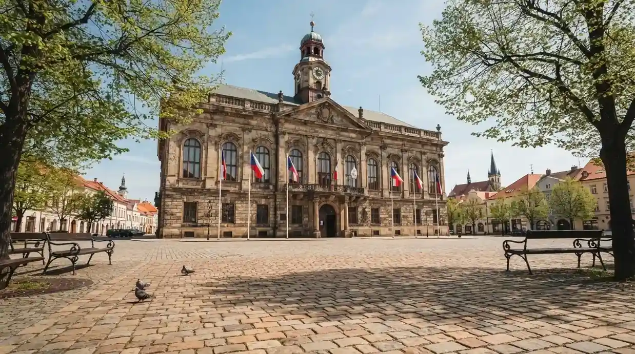 Historická úřední budova s vlajkami na slunečném náměstí — casina promo kód bez vkladu