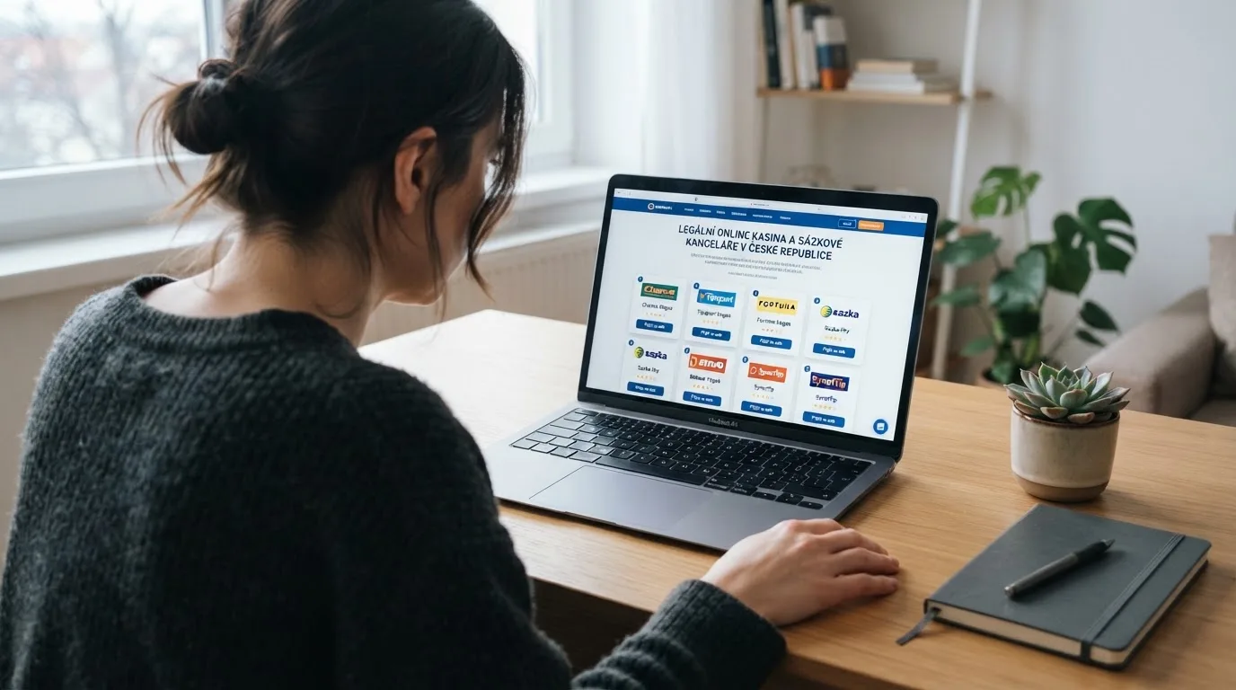 Člověk u notebooku čte informační stránku o online hazardu v Česku — casina promo kód bez vkladu