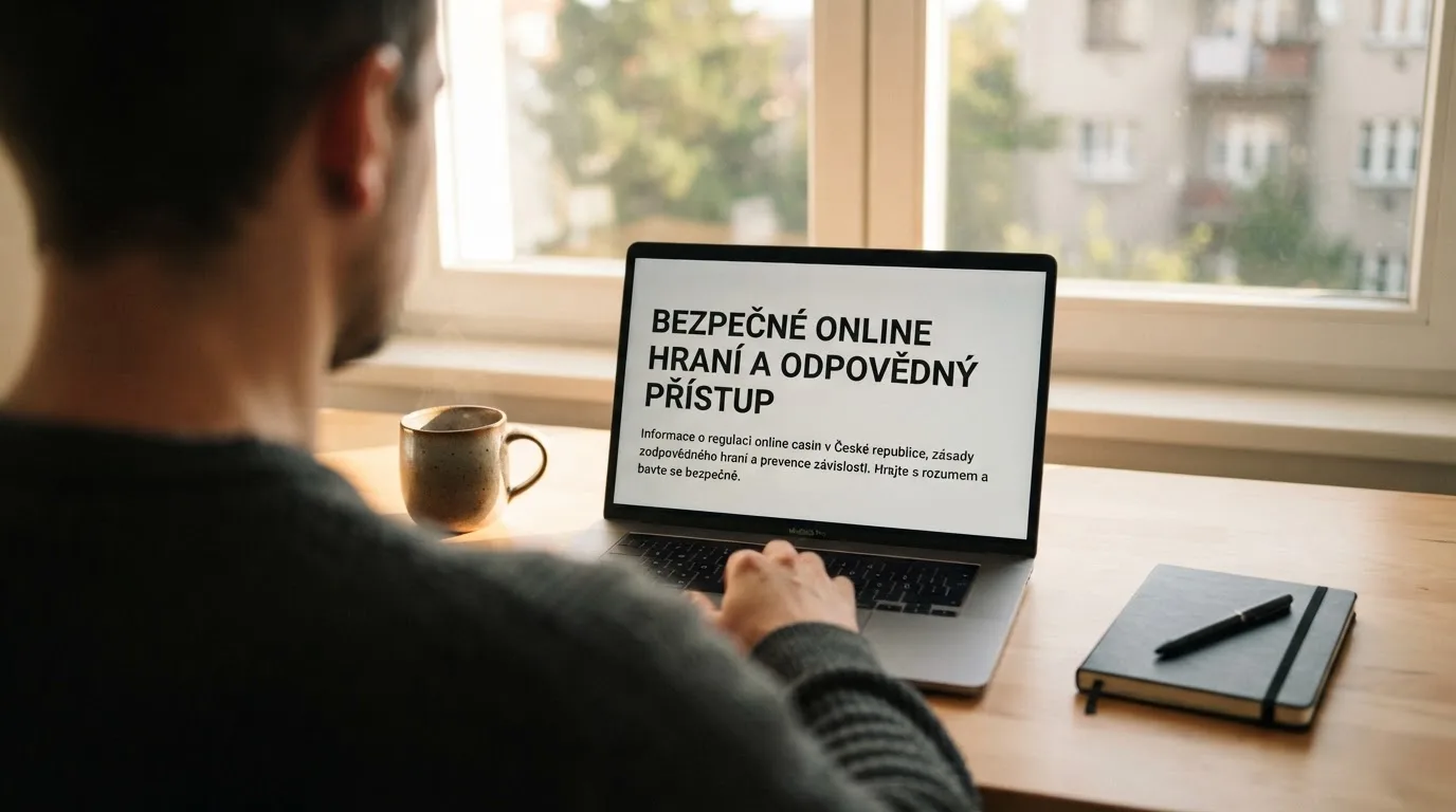 Člověk u notebooku čte informační stránku o online hazardu v Česku — casino minimální vklad 100 kč