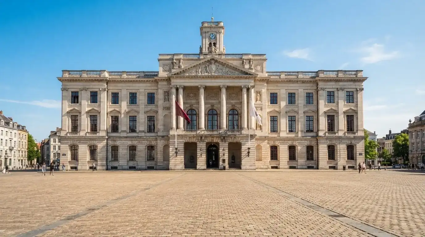 Historická úřední budova s vlajkami na slunečném náměstí — casino okamžitý výběr