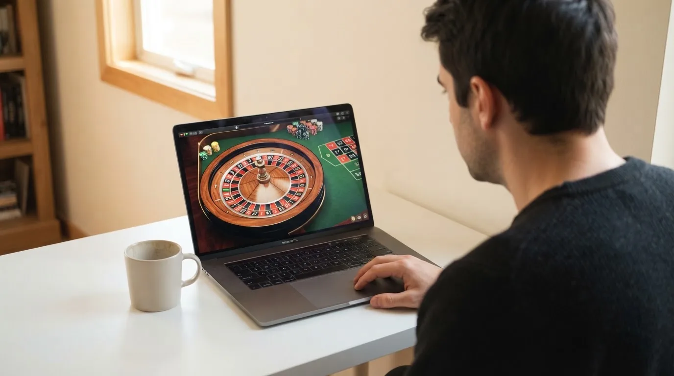 Člověk u notebooku čte informační stránku o online hazardu v Česku — casino okamžitý výběr