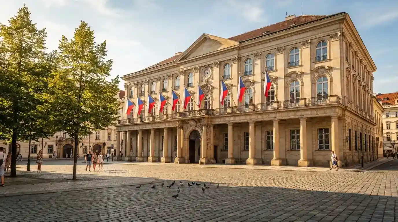 Historická úřední budova s vlajkami na slunečném náměstí — casino platba paysafecard