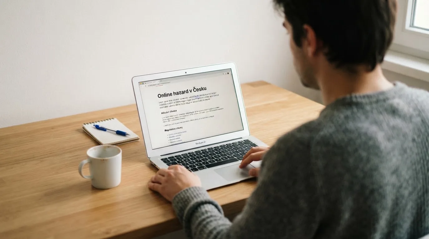 Člověk u notebooku čte informační stránku o online hazardu v Česku — casino platba paysafecard