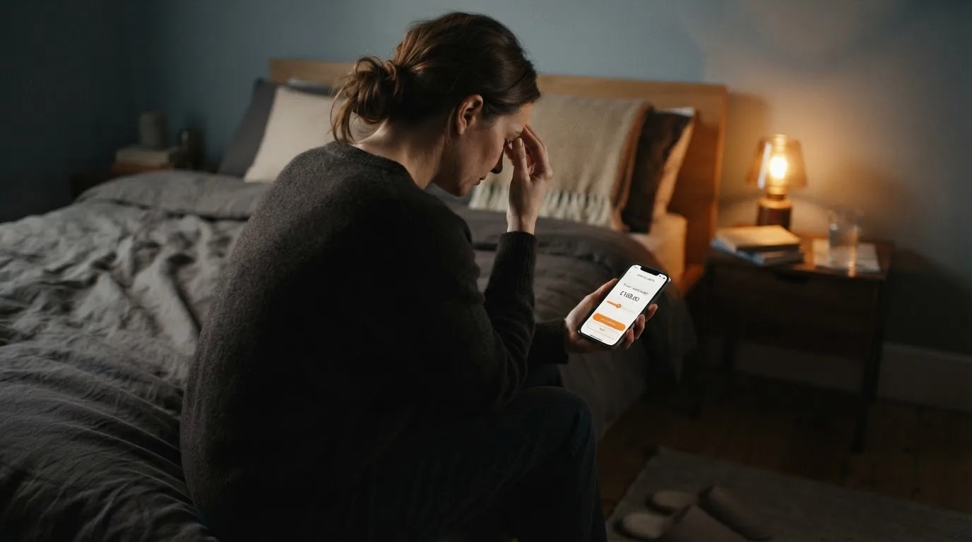 Žena drží telefon a druhou rukou si promne čelo unaveným gestem ve večerním pokoji.