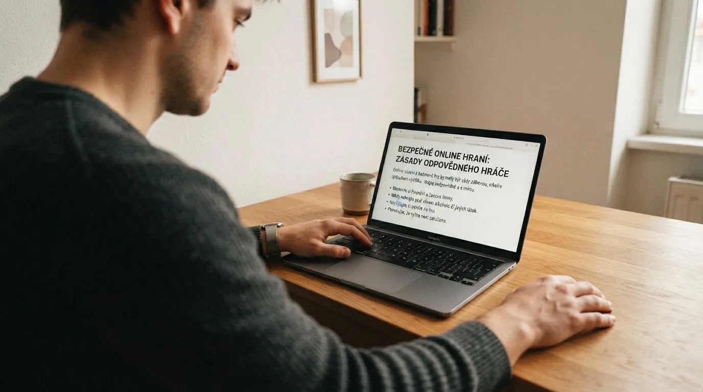 Člověk u notebooku čte informační stránku o online hazardu v Česku — hrací automaty hrací automaty zdarma online