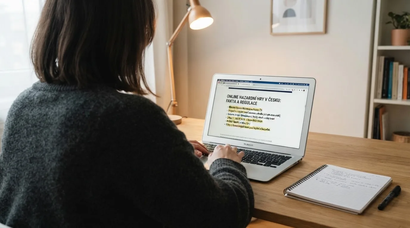 Člověk u notebooku čte informační stránku o online hazardu v Česku — hrací automaty zdarma ke stažení