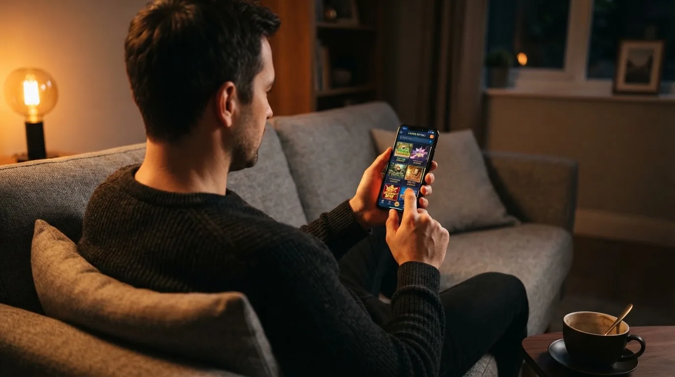 Muž sedí na gauči a poprvé otevírá aplikaci na chytrém telefonu večer.