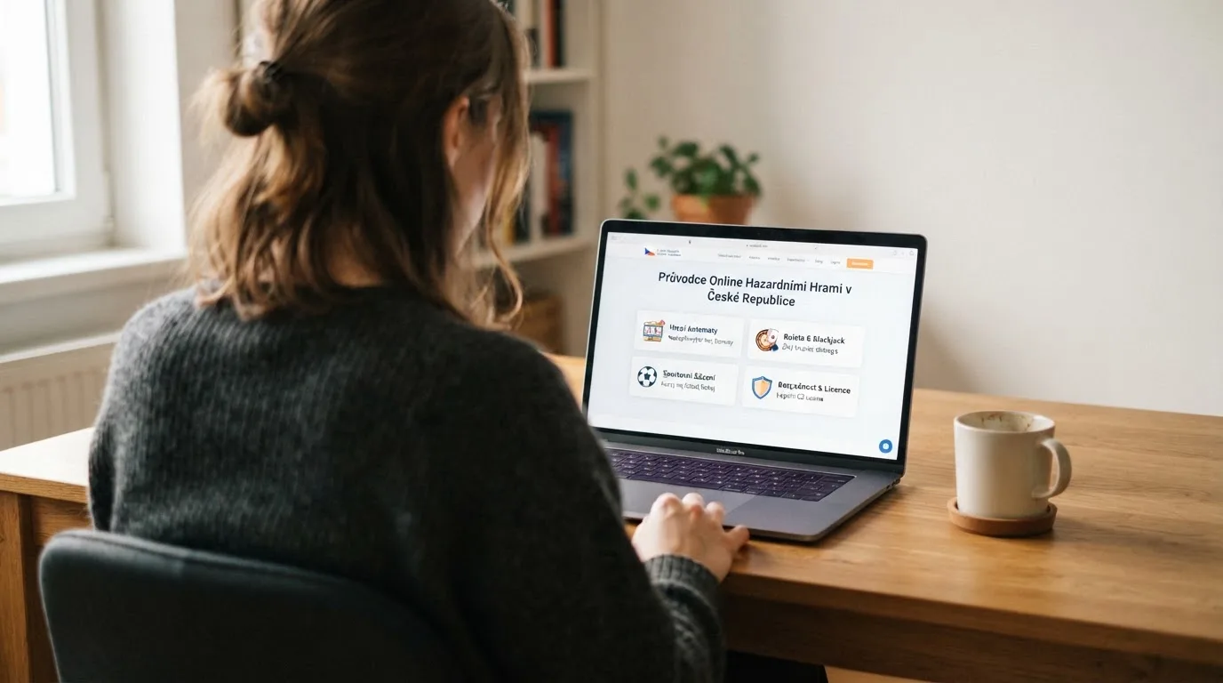 Člověk u notebooku čte informační stránku o online hazardu v Česku — nejlepší automaty online za peníze