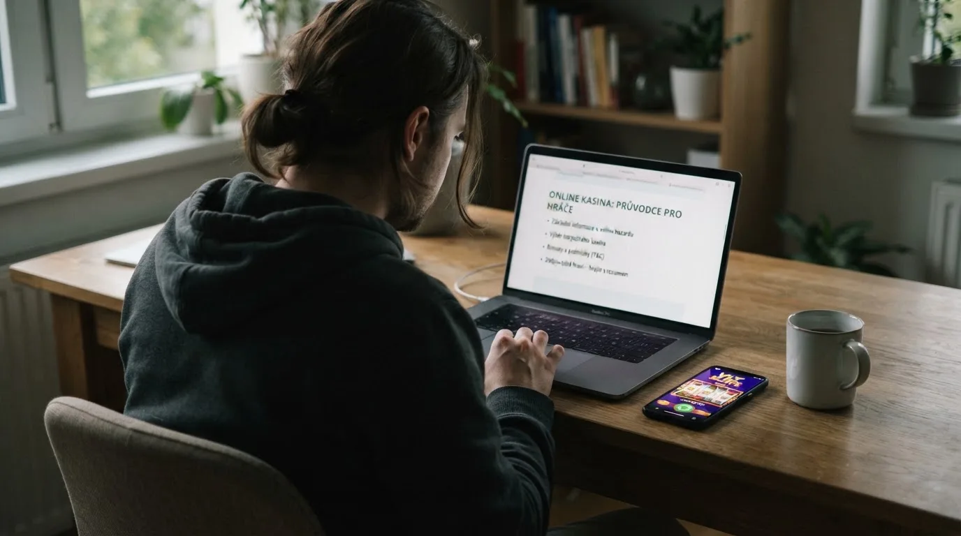 Člověk u notebooku čte informační stránku o online hazardu v Česku — nejlepší krypto kasina cz