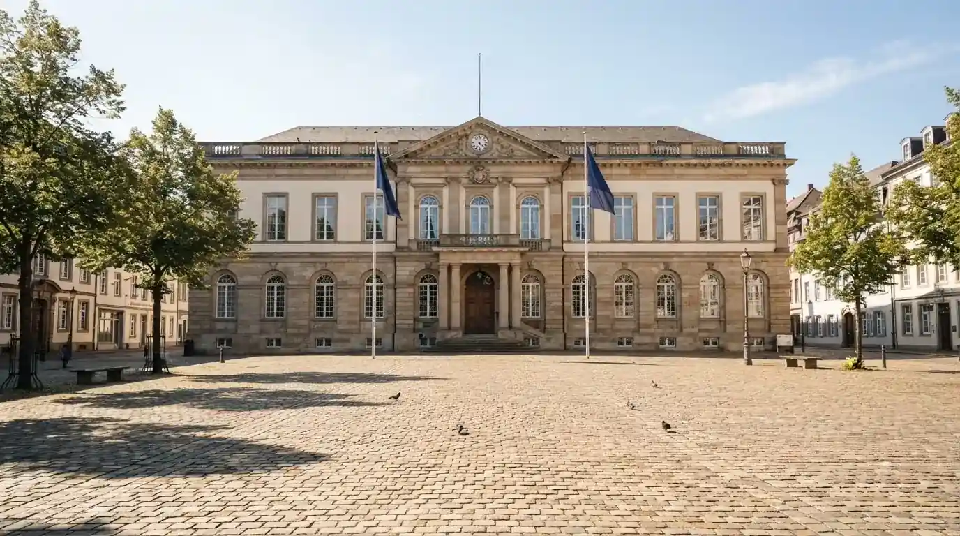 Historická úřední budova s vlajkami na slunečném náměstí — nejlepší mobilní online kasino česká republika