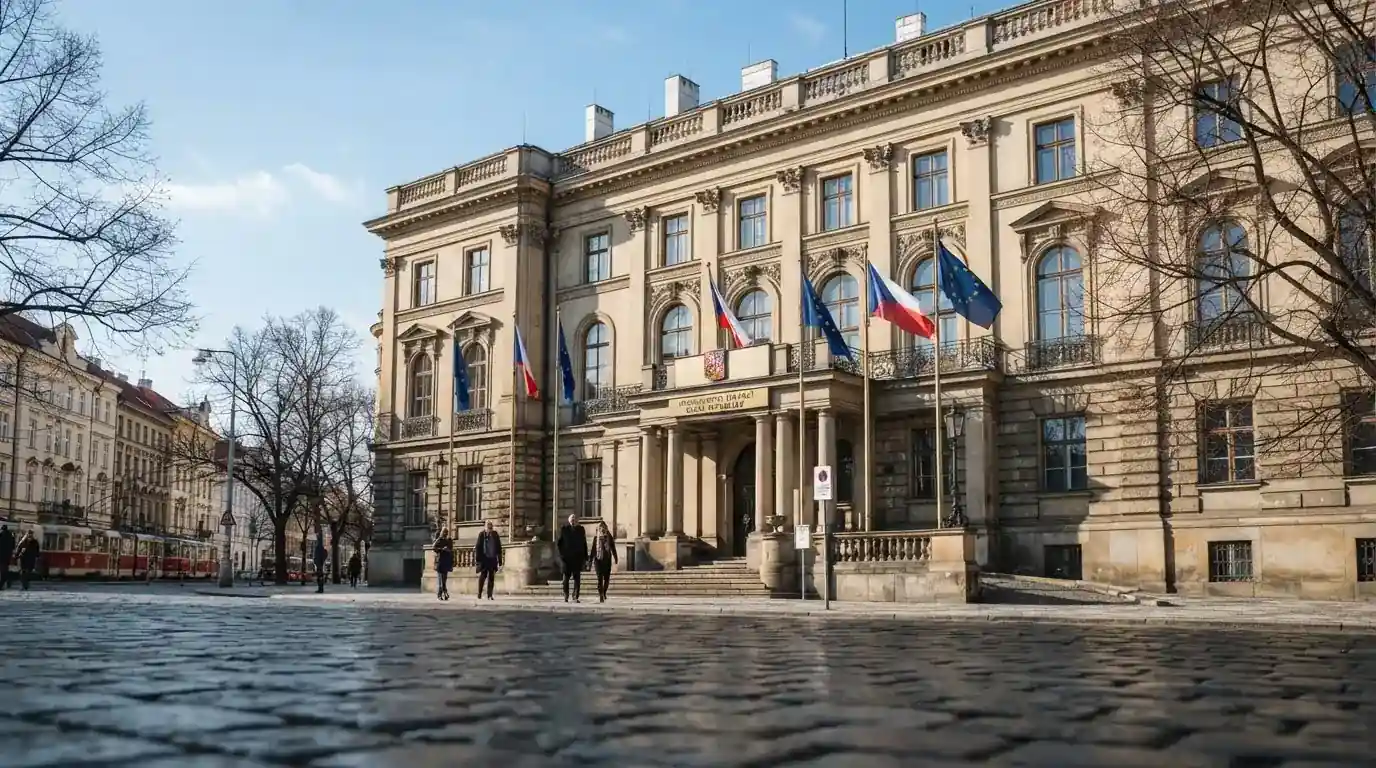 Historická úřední budova s vlajkami na slunečném náměstí — nejlepší online casino CZ