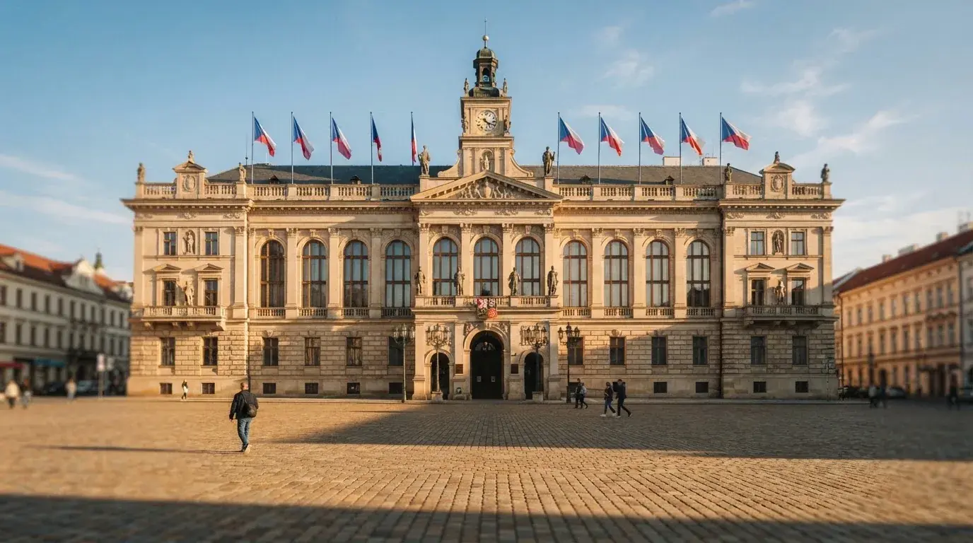 Historická úřední budova s vlajkami na slunečném náměstí — nejlepší online casino za peníze